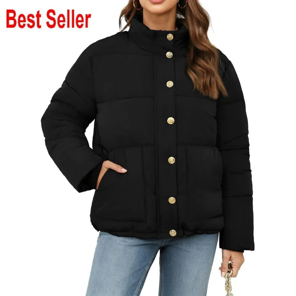 Cropped Puffer Jacket Winter Stand Collar Zip Up Snap Button Lightweight